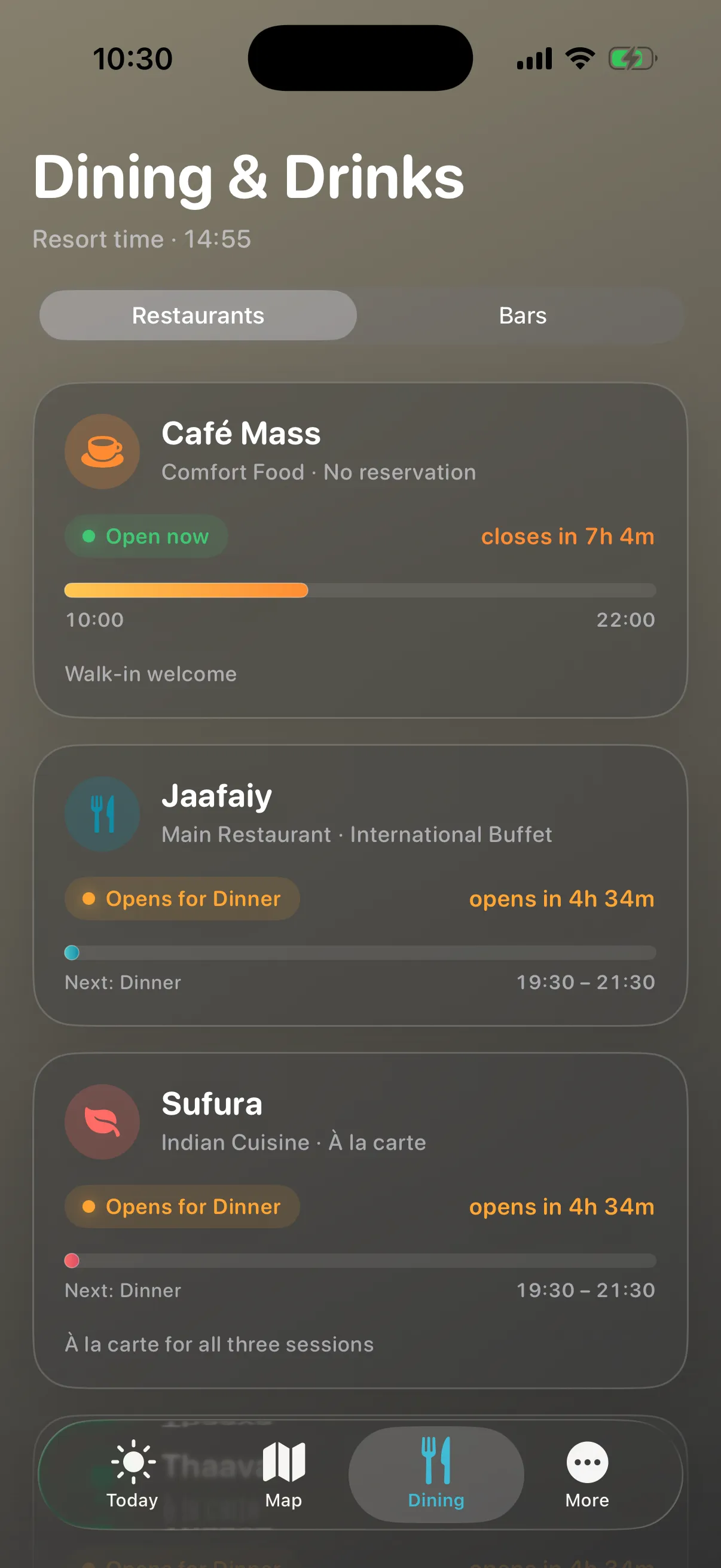 Dining & drinks — Every outlet, in real time.