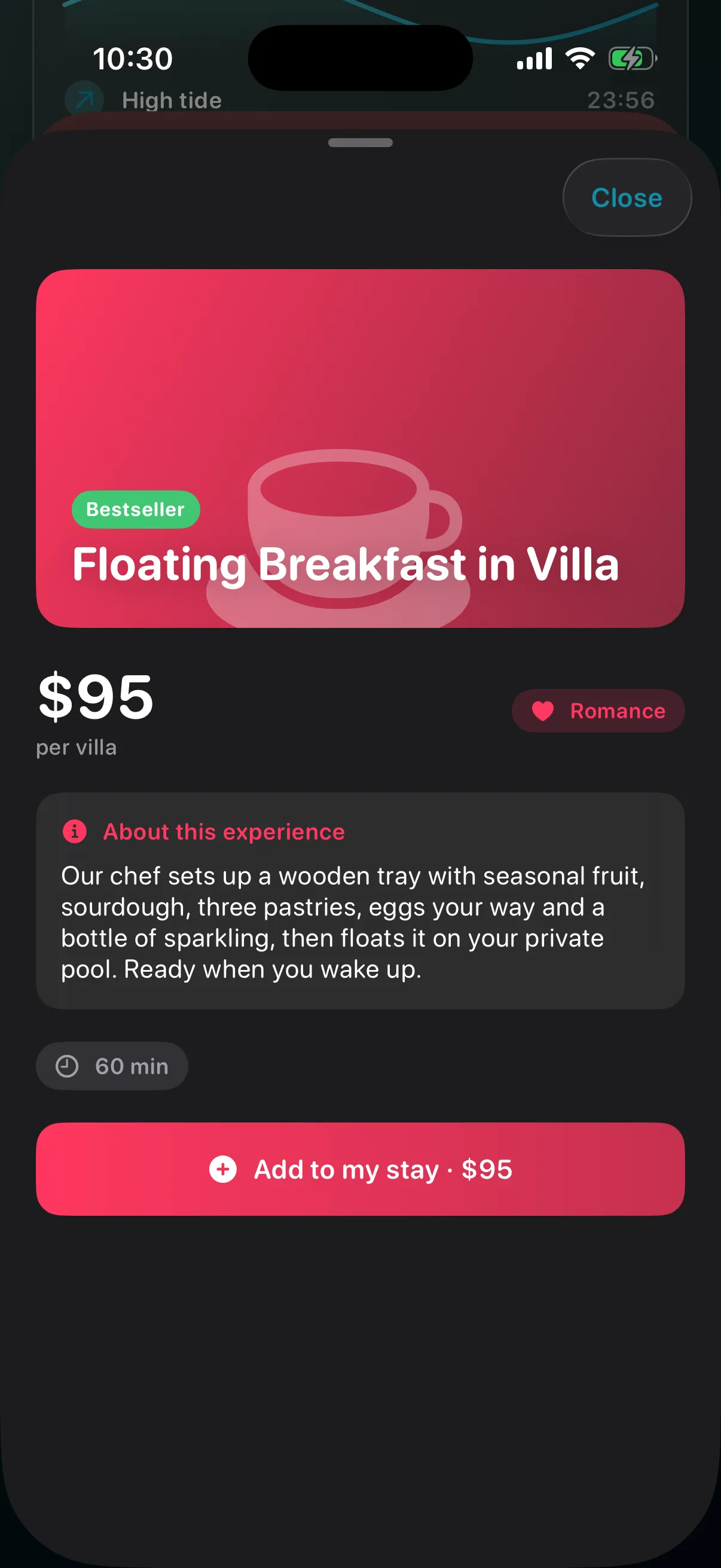 Add to stay — One tap from interest to confirmed booking.