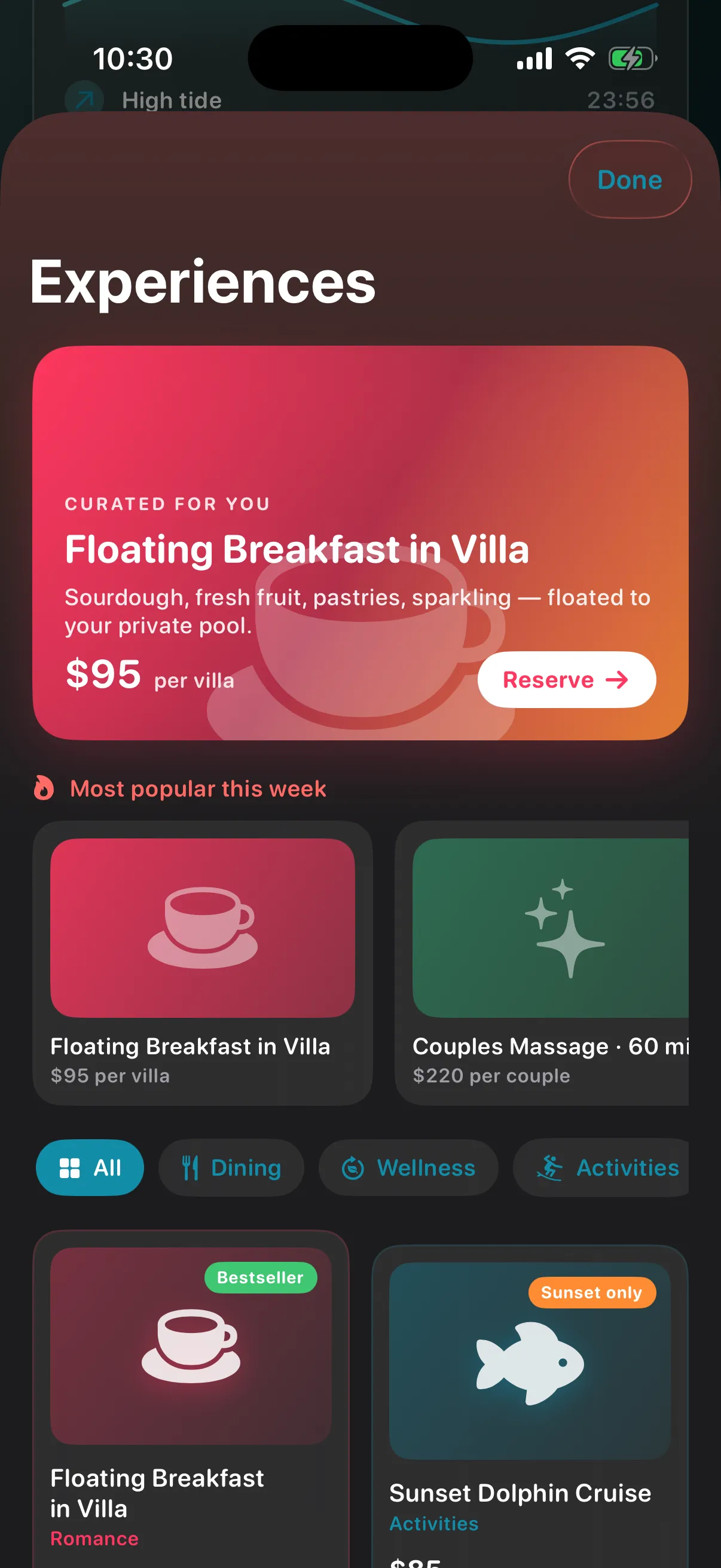 Experiences · the upsell layer — Your ancillary menu, in every villa.