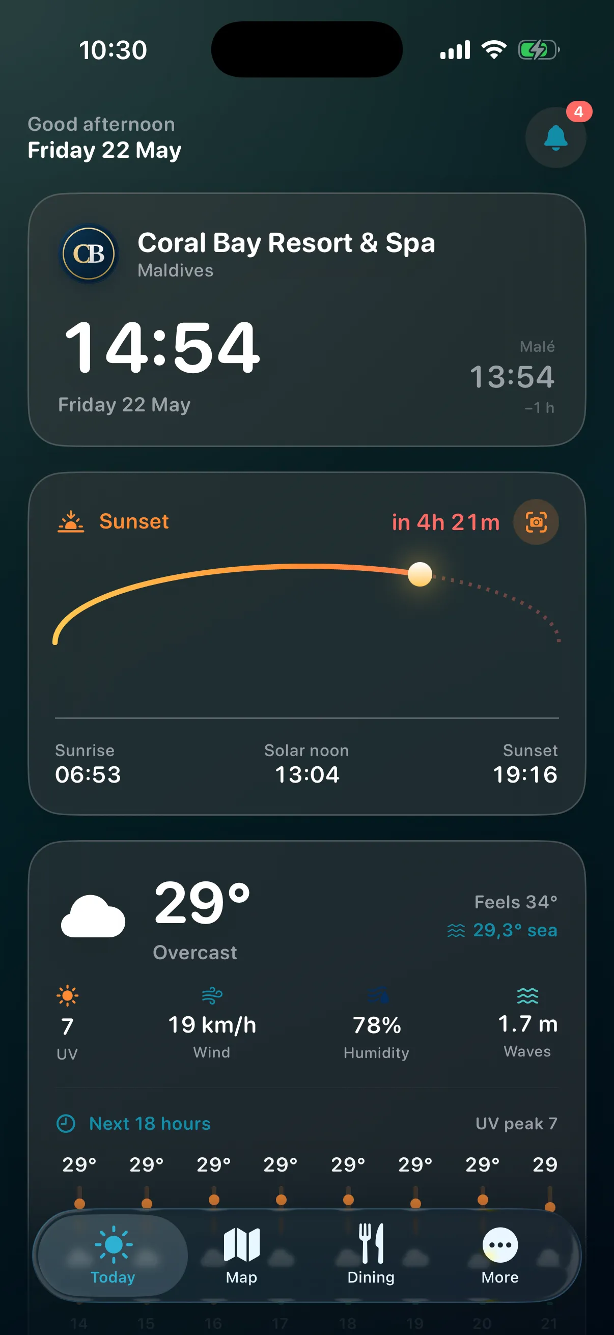 The Atollux app — Today screen, showing resort name, time, sunset arc and current weather